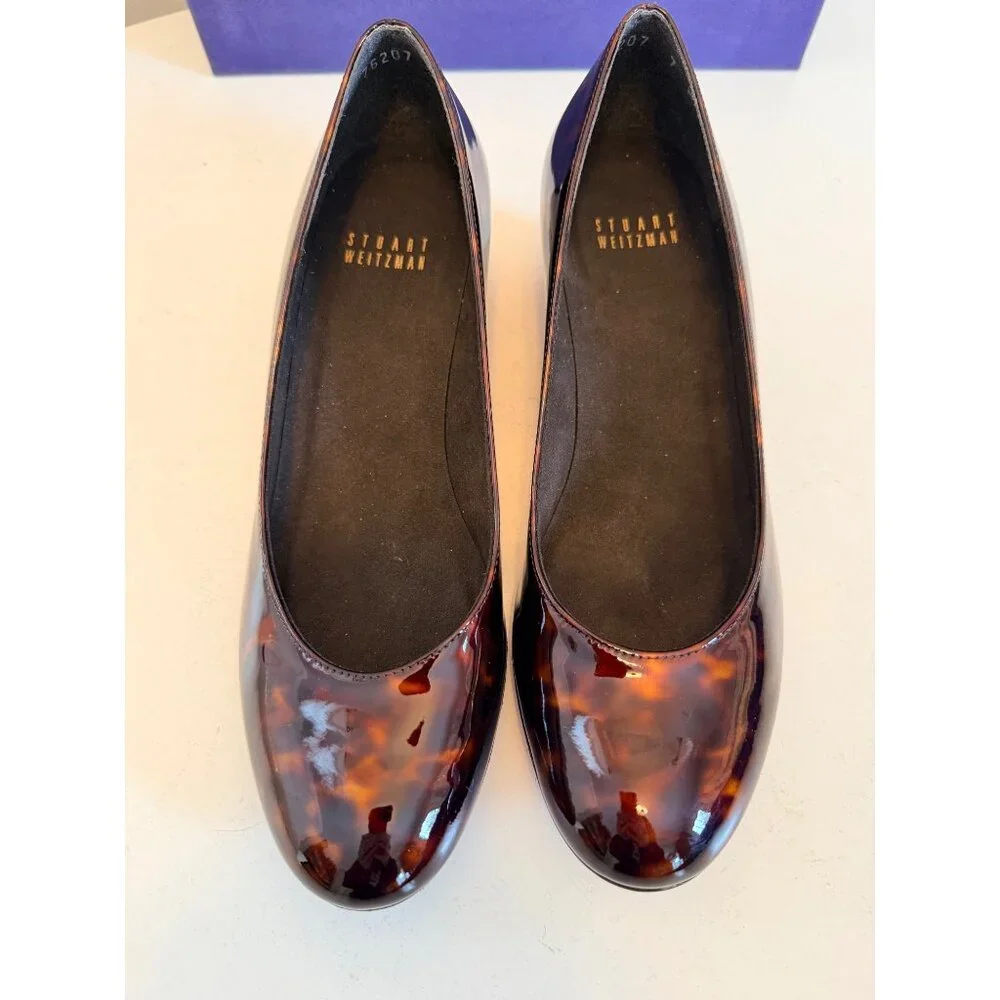 Stuart Weitzman Nusimple Cognac Tartaruga Patent Leather Wedge Shoes 7M With Box - Picture 8 of 16